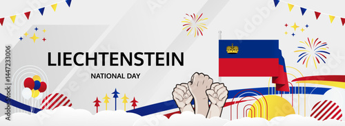 Liechtenstein National Day modern greeting banner. 15 August Happy Independence Day. Festive horizontal templates in flag colors, great for carnival event, poster, tourism campaign, and holiday sale