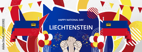 Liechtenstein National Day modern greeting banner. 15 August Happy Independence Day. Festive horizontal templates in flag colors, great for carnival event, poster, tourism campaign, and holiday sale