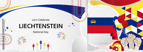 Liechtenstein National Day modern greeting banner. 15 August Happy Independence Day. Festive horizontal templates in flag colors, great for carnival event, poster, tourism campaign, and holiday sale