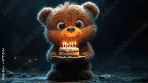 A cute cartoon bear with big eyes holds a cake with candles, glowing against a dark background