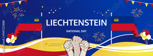 Liechtenstein National Day modern greeting banner. 15 August Happy Independence Day. Festive horizontal templates in flag colors, great for carnival event, poster, tourism campaign, and holiday sale