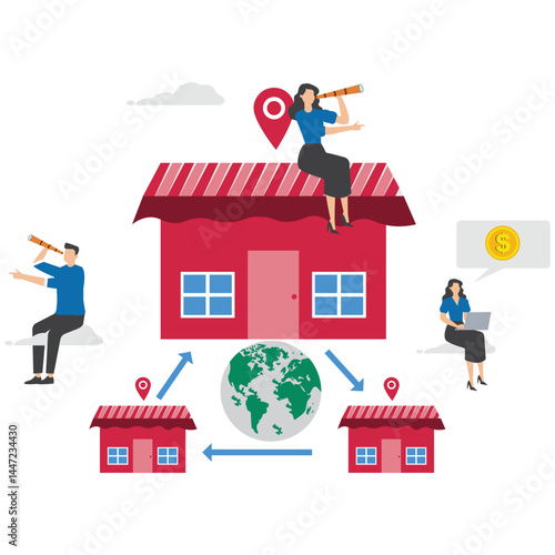 Franchise business growing to global and international concept, smart businessman expand store fronts around the world