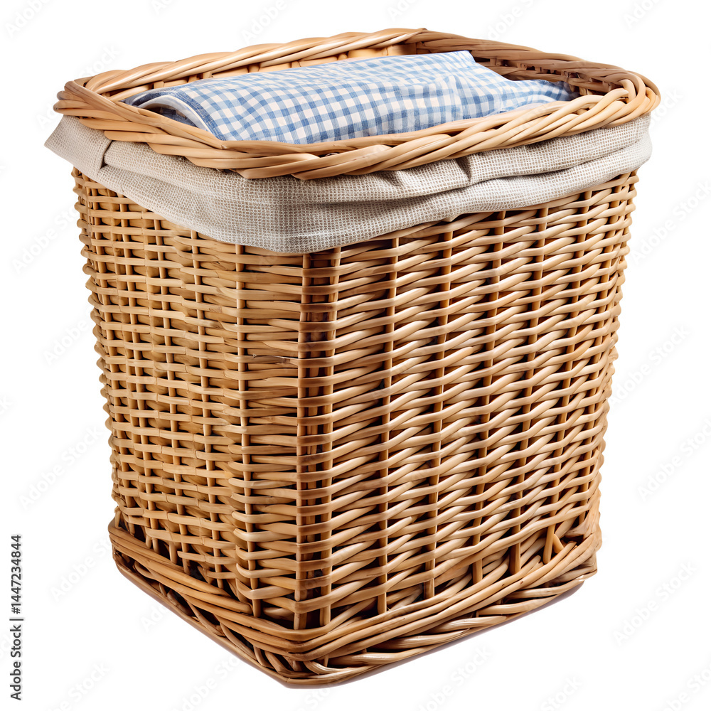 Obraz premium Wicker basket with fabric liner and checkered textile inside isolated on transparent background.
