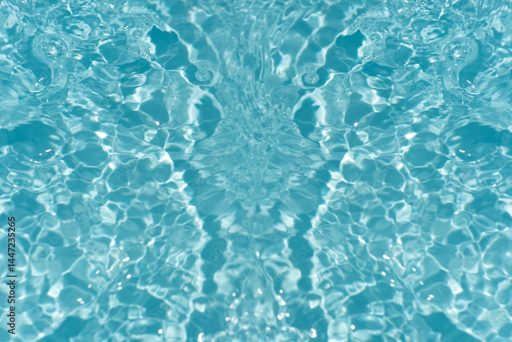 Obraz premium Blue water with ripples on the surface. Defocus blurred transparent blue colored clear calm water surface texture with splashes and bubbles. Water waves with shining pattern texture background.