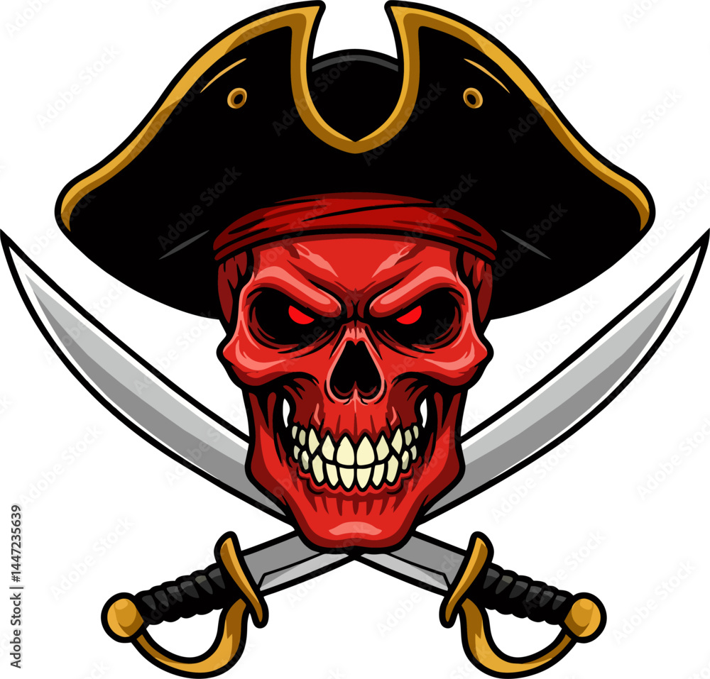 Red Pirate Skull Vector with Crossed Swords and Tricorn Hat – Aggressive Mascot Style Illustration Red Pirate Skull Vector with Crossed Swords and Tricorn Hat – Aggressive Mascot Style Illustration