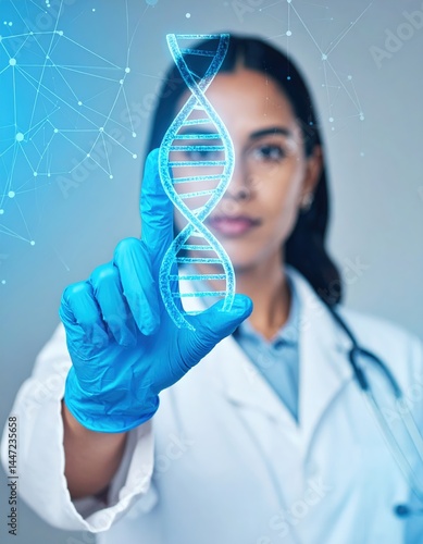 A woman wearing blue gloves confidently holds up a vibrant DNA strand, showcasing its double helix structure against a bright laboratory backdrop.