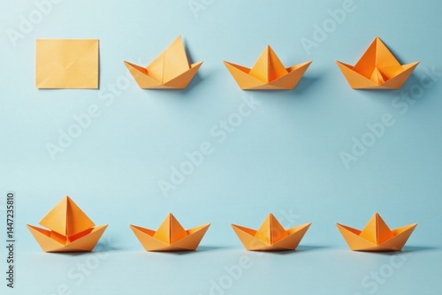 Free Download A fleet of origami boats sailing on a tranquil pastel background, symbolizing a journey of innovation and progress, starting from a single idea represented by a folded paper - GFXLoad