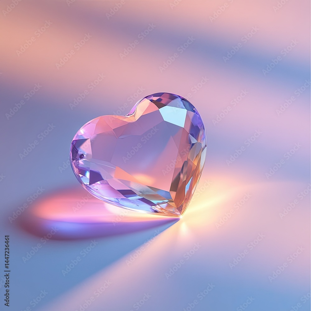 A beautifully crafted crystal heart reflecting soft pastel colors, positioned on a smooth surface, with gentle light rays creating a serene and romantic atmosphere A beautifully crafted crystal heart reflecting soft pastel colors, positioned on a smooth surface, with gentle light rays creating a serene and romantic atmosphere