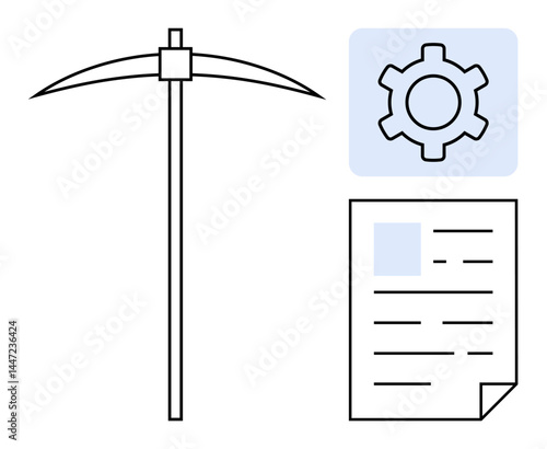 Pickaxe symbolizing labor, gear for settings and productivity, and document for data. Ideal for technology, workflow, strategy, data management, mining, productivity and simple landing page