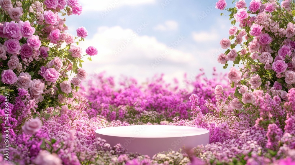 Fototapeta premium A pink podium surrounded by pink roses and white daisies, with a blurred floral background.