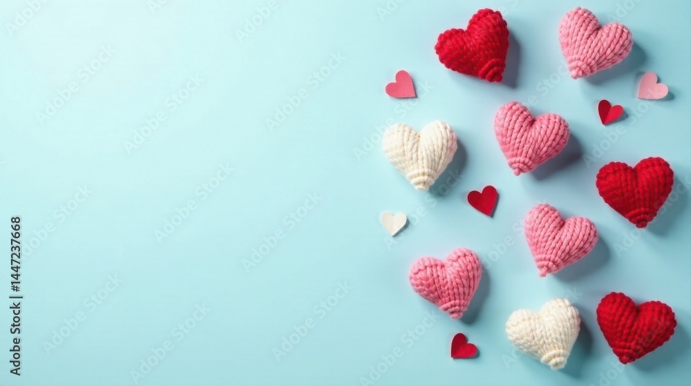 Lovely Yarn Hearts Scattered on a Light Blue Background for Romantic Celebrations Lovely Yarn Hearts Scattered on a Light Blue Background for Romantic Celebrations