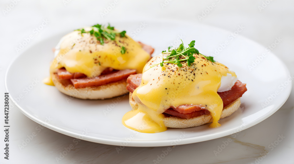Classic Eggs Benedict with Poached Eggs and Creamy Hollandaise Sauce on Toasted English Muffins Classic Eggs Benedict with Poached Eggs and Creamy Hollandaise Sauce on Toasted English Muffins