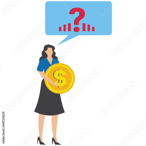 Businesswoman investor holding money coin thinking about investment, pay off debt or invest to earn profit financial choice or alternative to make decision Money question