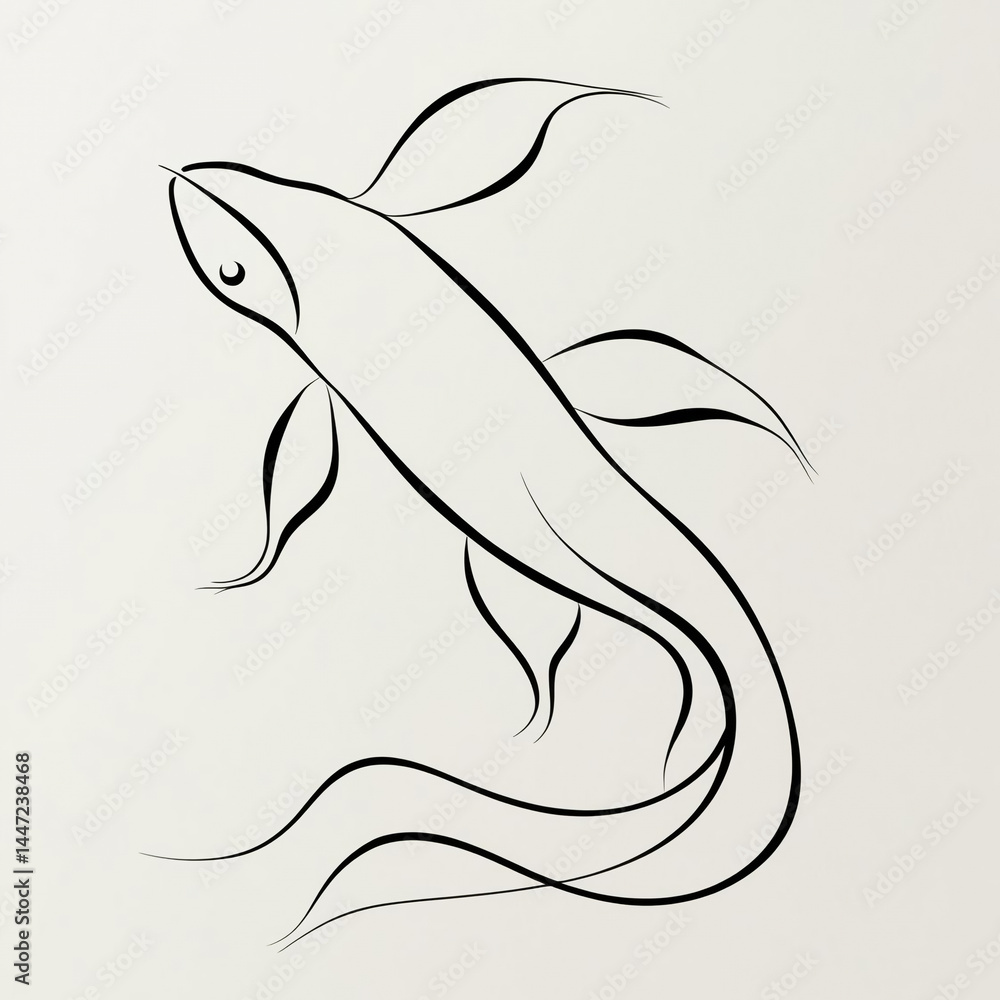 Fototapeta premium Minimalist line drawing of a fish silhouette on a white background. Simple, elegant, and modern artwork created black line.