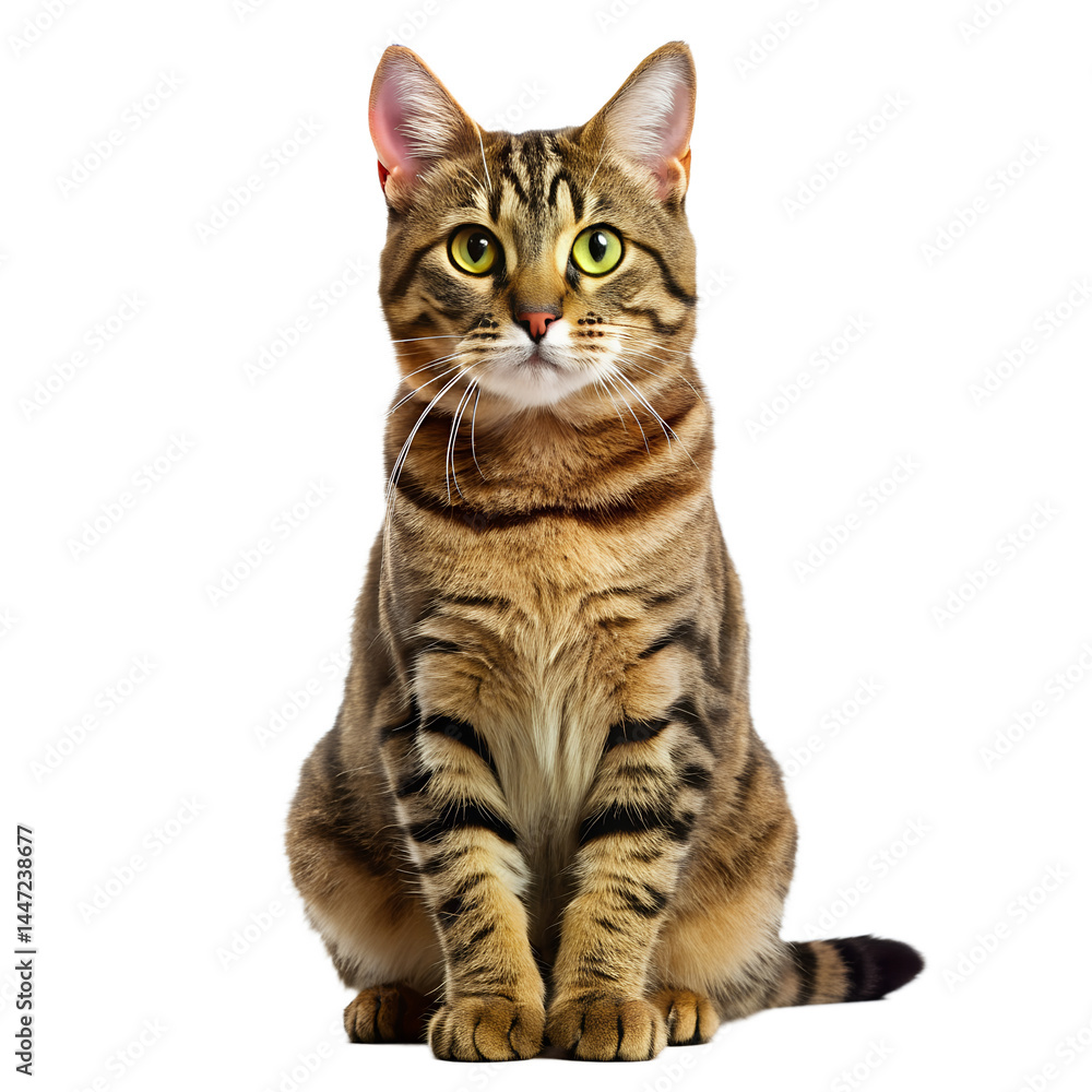Fototapeta premium Stripped feline sitting upright with expressive eyes looking isolated on transparent background.