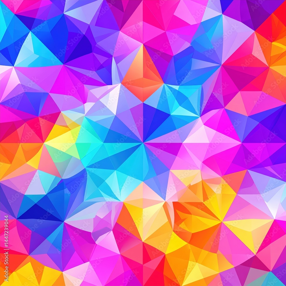 Obraz premium Vibrant abstract background featuring a dynamic arrangement of colorful triangles in various sizes, creating an energetic and modern visual effect.