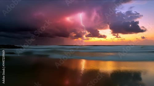 Mirror Ocean During Storm with Vertical Reflections and Lightning Glow