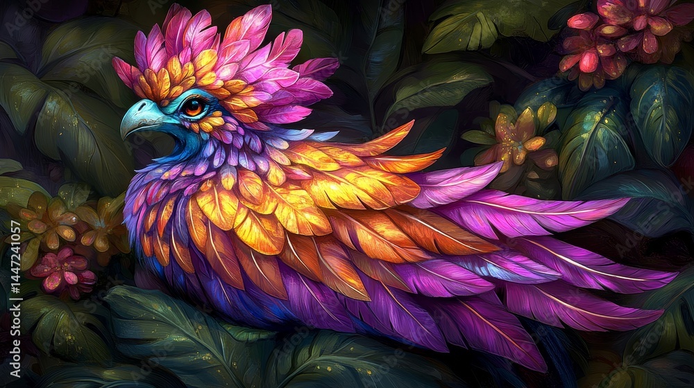 Obraz premium Vibrant ethereal bird illustration resting among tropical foliage a stunning fantastical creature with brilliant colorful plumage and feathered details in fantasy art
