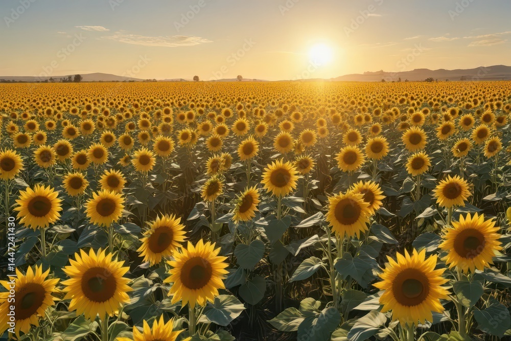 Fototapeta premium A vast field of sunflowers facing the sun, bathed in sunlight , stock, bloom, floral