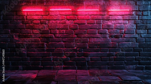 A rough black brick wall with neon lights, creating a dynamic, glowing effect. 