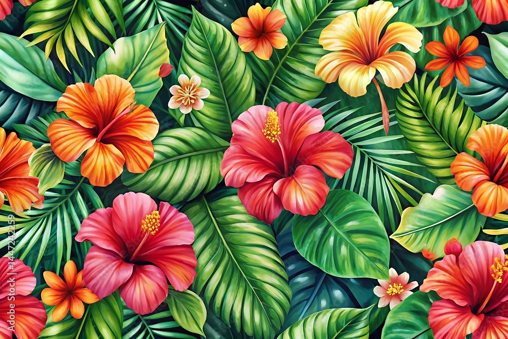 Fototapeta premium Colorful tropical flower pattern with many flowers and leaves