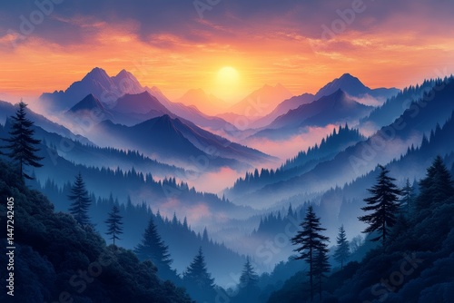 Sunrise over misty mountain valley (1)