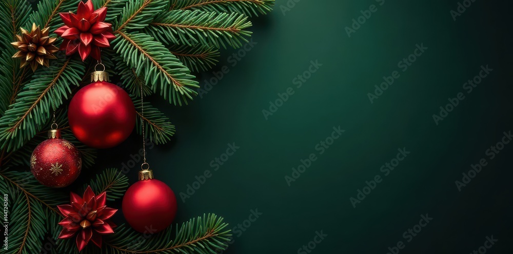 Dark green pine bough, laden with red & gold ornaments , yuletide, gold Dark green pine bough, laden with red & gold ornaments , yuletide, gold