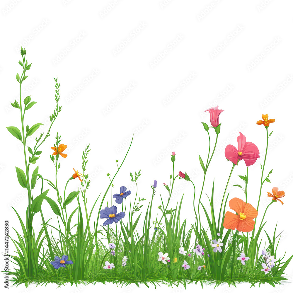 Fototapeta premium Colorful wildflowers and lush grass create a vibrant natural landscape in springtime