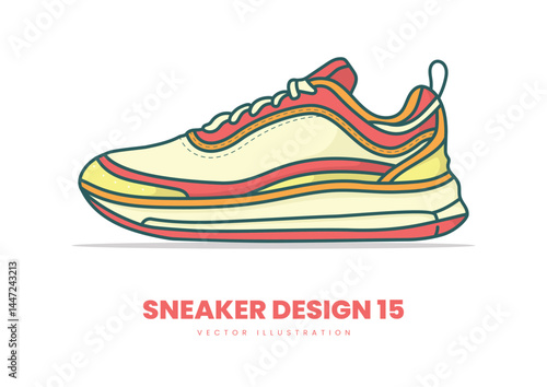 Fashion Sneaker Vector Illustration. Bright and bold, this sneaker pops with warm yellow and red tones perfect for vibrant fashion and youth branding.