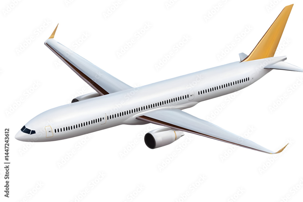 Realistic 3D Illustration Of Isolated White Airplane With Gold Accents Realistic 3D Illustration Of Isolated White Airplane With Gold Accents