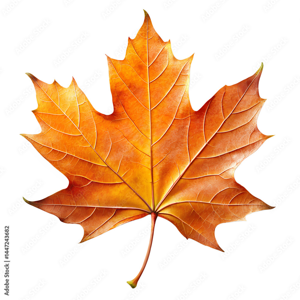 Close up of a single orange autumn leaf with visible veins isolated on transparent background. Close up of a single orange autumn leaf with visible veins isolated on transparent background.