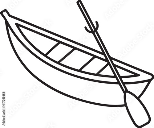 boat with paddle line art, black outline, vector and illustration, coloring book page line art drawing