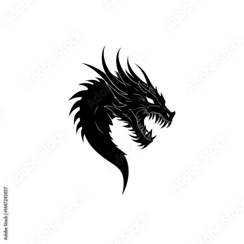 Black silhouette of a stylized roaring dragon head with flowing mane and curved horns for fantasy or mythological themes