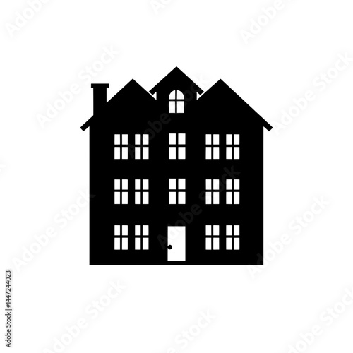 Detailed black icon of two attached residential houses with multiple windows and pitched roofs for real estate or urban housing concepts