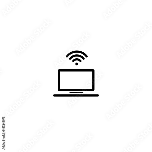 Black outline laptop icon with wireless signal lines representing online connectivity, WiFi signal, or cloud access