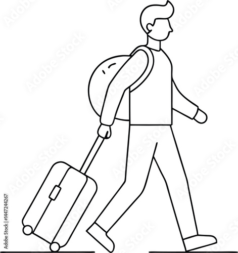 Traveler walking with luggage in minimalist continuous line drawing showcasing the concept of movement transition and exploration ideal for editorial or poster art