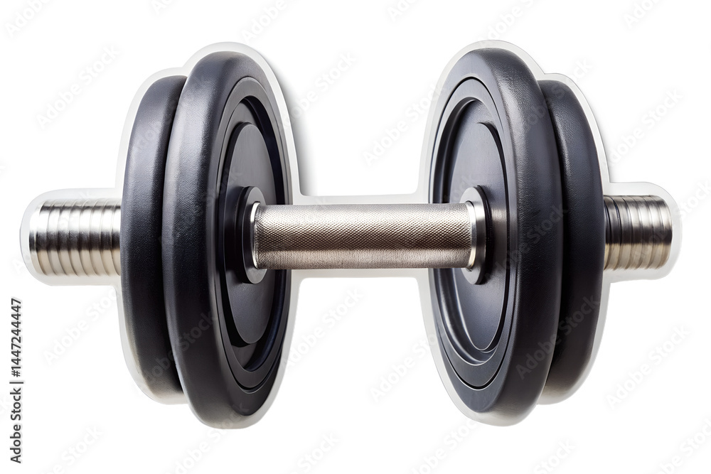 Naklejka premium Close up view of a single dumbbell with weights on each side isolated on transparent background.