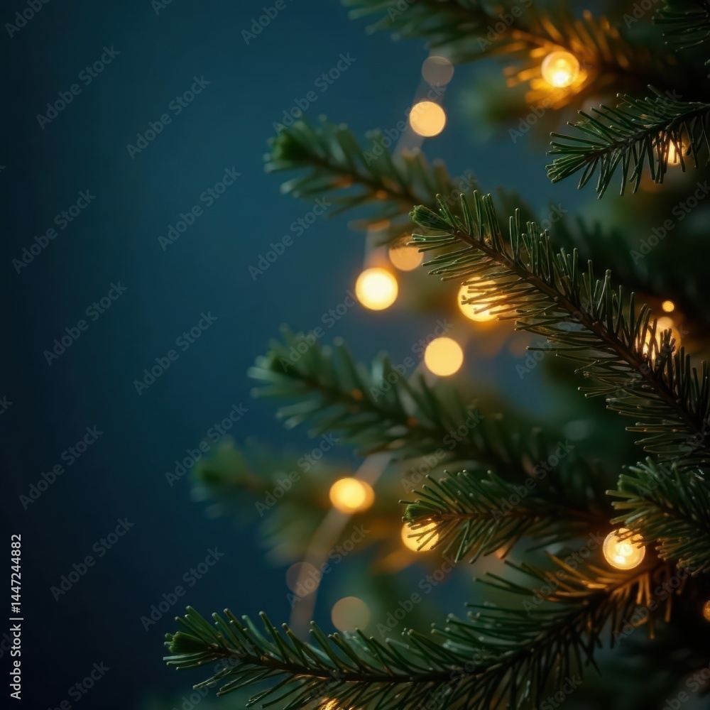 Twinkling fairy lights delicately draped on a Christmas tree's branches , sparkle, elegant Twinkling fairy lights delicately draped on a Christmas tree's branches , sparkle, elegant