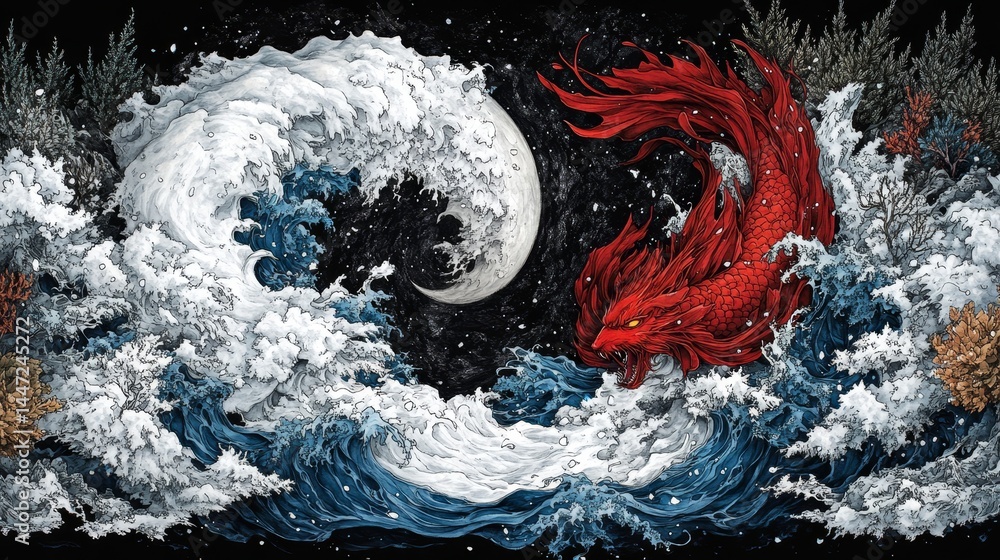 Fototapeta premium Celestial collision of moon and fiery dragon amidst swirling nebulae a cosmic dance of opposing forces artistry in astrophotography style