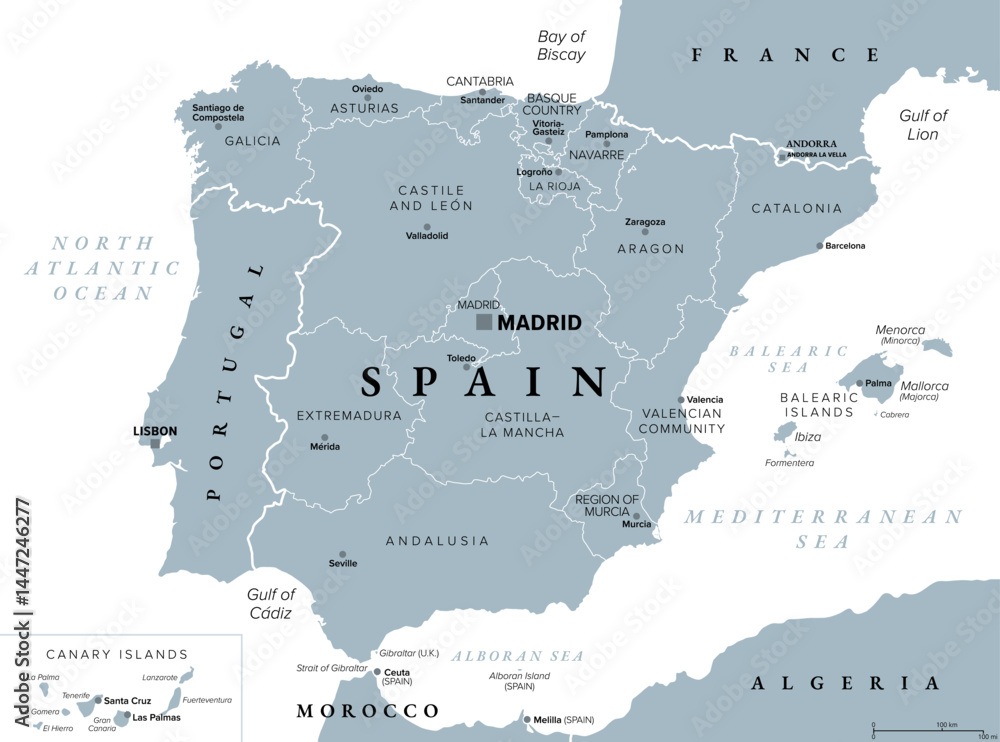 Fototapeta premium Spain, autonomous communities, gray political map. First-level administrative divisions with limited autonomy to 17 autonomous communities and the two cities Ceuta and Melilla. Illustration. Vector