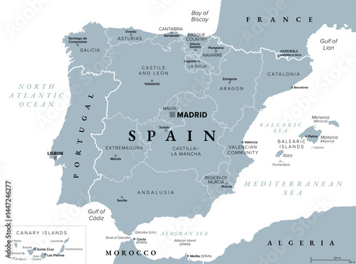 Spain, autonomous communities, gray political map. First-level administrative divisions with limited autonomy to 17 autonomous communities and the two cities Ceuta and Melilla. Illustration. Vector
