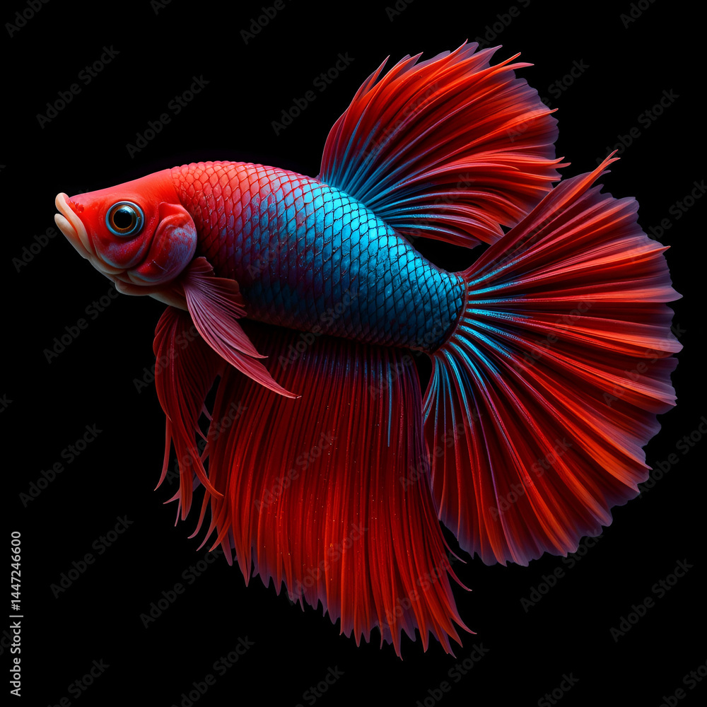 Fototapeta premium Rhythmic of Betta fish, siamese fighting fish betta splendens (Halfmoon Red Dragon betta ),isolated on black background.