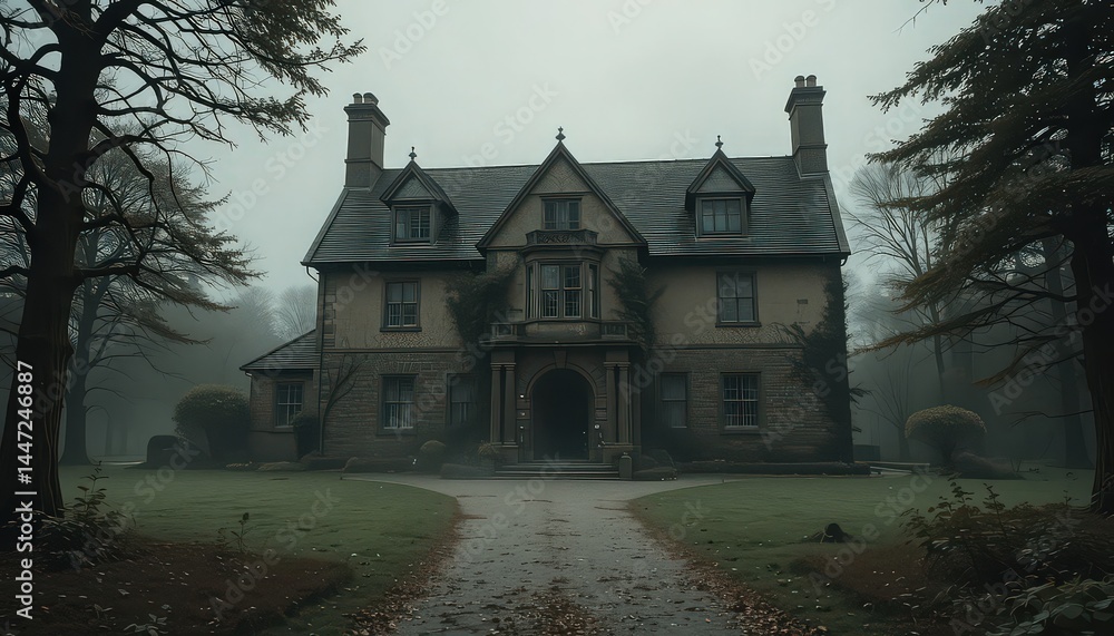 A large, stately manor house shrouded in mist with a long driveway leading up to the grand entrance A large, stately manor house shrouded in mist with a long driveway leading up to the grand entrance