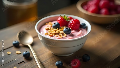 yogurt with muesli and berries on a wooden table