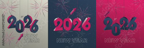 Happy New Year 2026 square template with 3D hanging number, Greeting concept for 2026 New Year celebration with fireworks