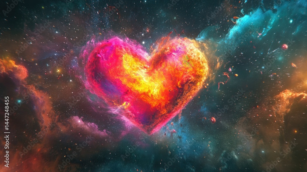 A vibrant cosmic heart made of fiery colors floats amidst a starry universe, symbolizing love and passion, set against a backdrop of swirling galaxies and nebulae A vibrant cosmic heart made of fiery colors floats amidst a starry universe, symbolizing love and passion, set against a backdrop of swirling galaxies and nebulae