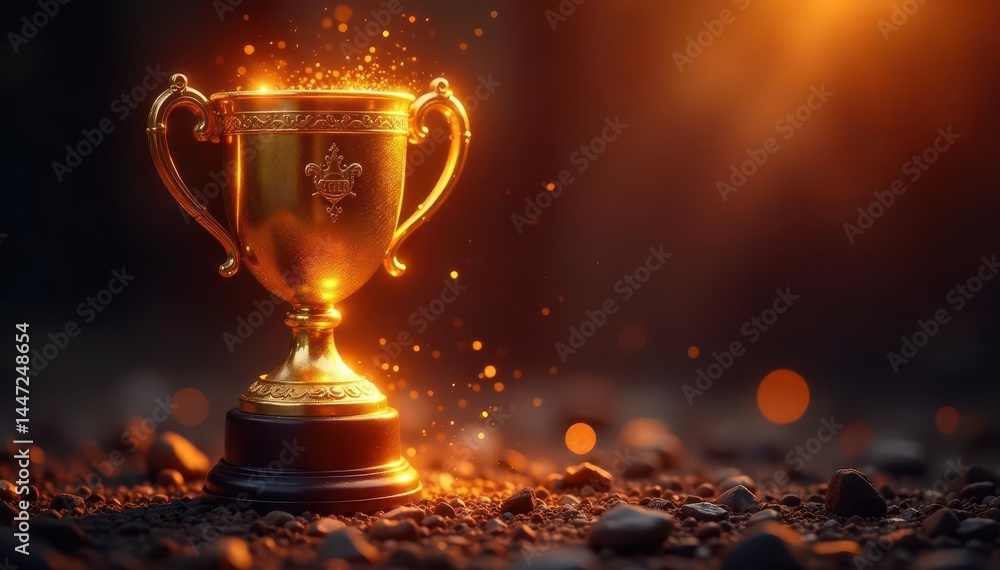 Golden trophy gleams, fiery embers glow, sparks fly , reflection, shadow, fire Golden trophy gleams, fiery embers glow, sparks fly , reflection, shadow, fire
