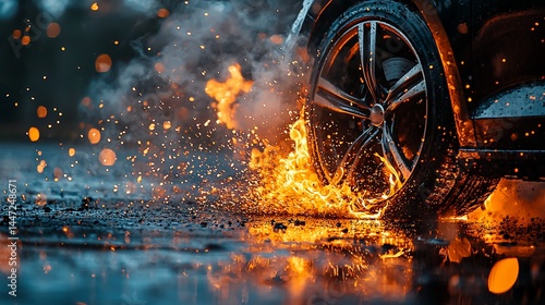 Flaming tire on wet road