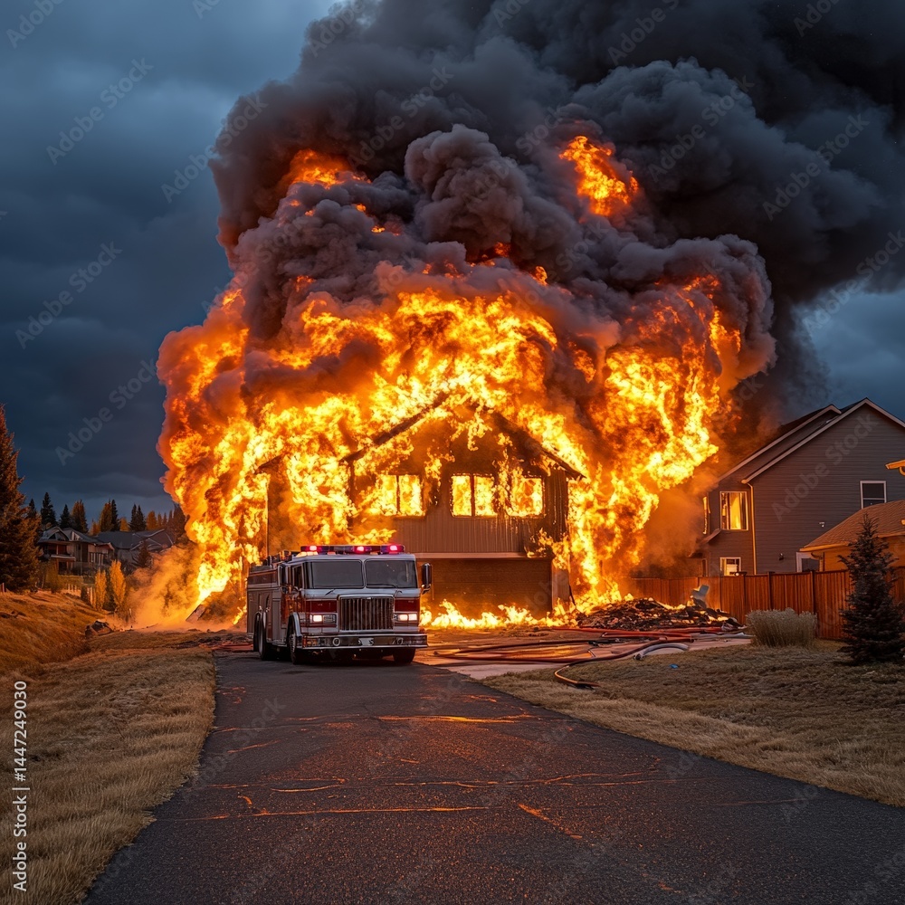 Suburban House Fire with Explosive Flames and Emergency Response in Action Suburban House Fire with Explosive Flames and Emergency Response in Action