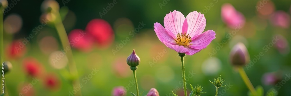 Fototapeta premium Musk mallow flowers and seed pods in a garden , design, vibrant